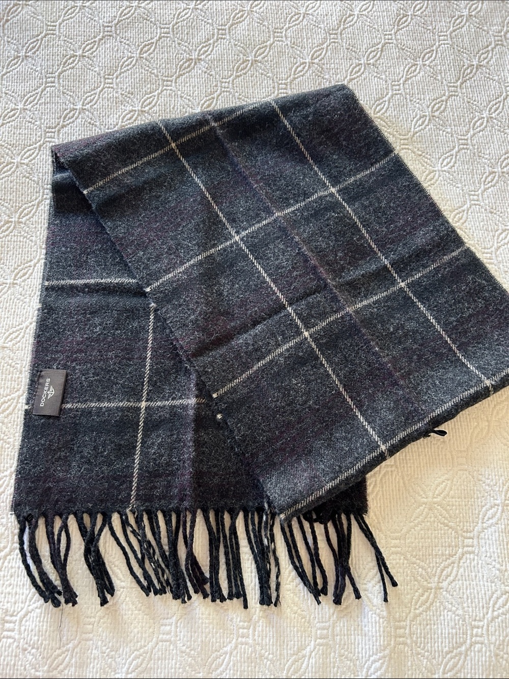 Vintage Dockers Classic Black Tartan Fringe Men's Scarf Made in Korea.Wool Blend